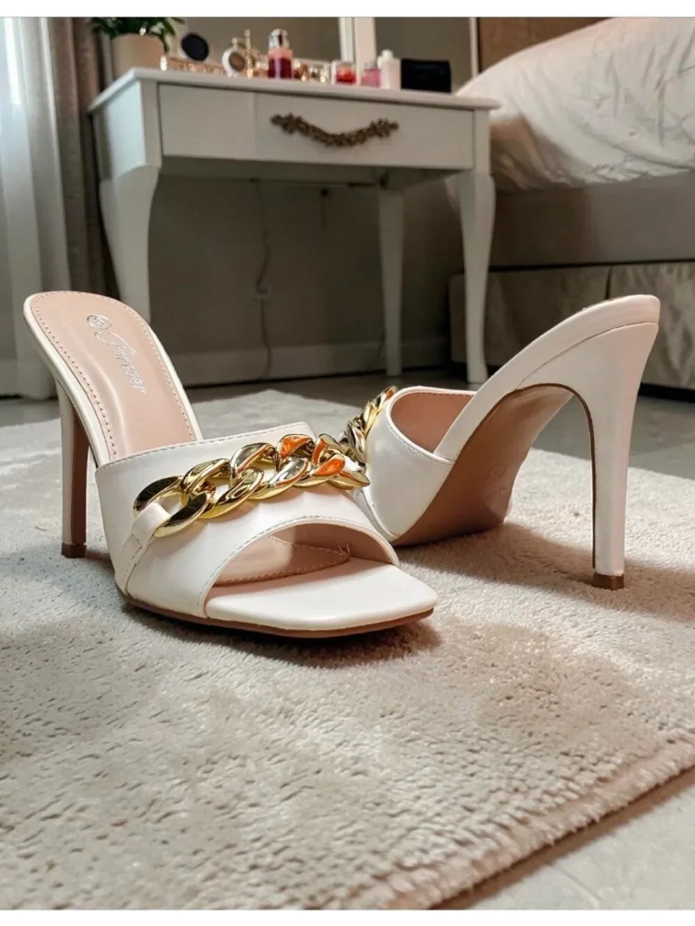 White High-Heel Mules With Gold Chain Accent - Forever Brand - Chic Open-Toe Des